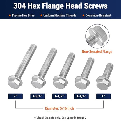 3/8-16 x 3/4" Flange Hex Bolts, 304 Stainless Steel 18-8, A2-70 Grade, Non-Serrated Flange Bolts for Automotive Repair, Fully Threaded, 10 Pcs - size: 3/8-16 x 3/4