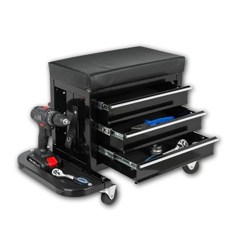 3-Drawer Tool Chest Rolling Mechanic Seat with Tool Trays, Rolling Tool Chest for Mechanics - Heavy-Duty Steel Construction, Padded Seat, Storage Tank, 350lbs Max Weight Capacity - color: 3-drawer-large