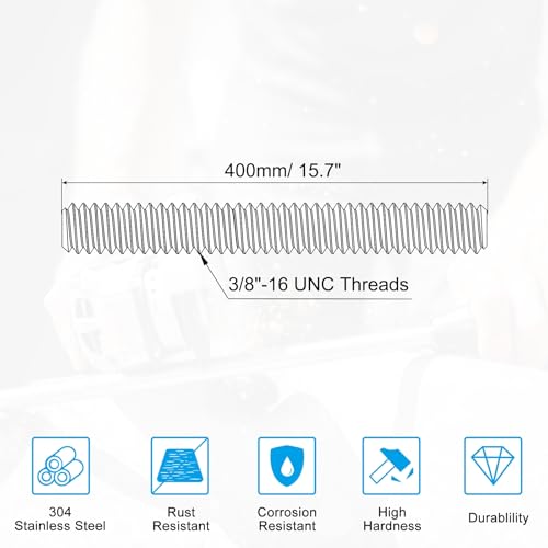 PATIKIL 3/8"-16 UNC 304 Stainless Steel Fully Threaded Rod, 15.7" Length Long Threaded Screw Right Hand Threads All Threaded Rod Studs for Anchoring Bolt, Clamps, Hangers and U-Bolts - size: #3/8"-16 UNC x 15.7"