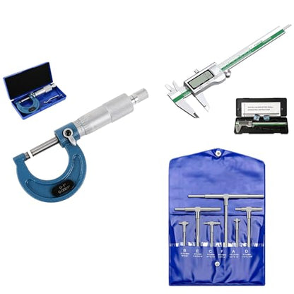 HDLNKAK 0-1" Outside Micrometer + 6 Pack Telescoping Gage Set + Digital Vernier Caliper (Green), 6 Inch Caliper Tool for House, Alloy Precision Micrometer, Machinist Toolhold/DIY,