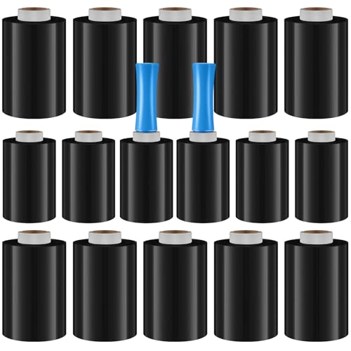 Jutom 16 Pcs Mini Stretch Film Industrial Shrink Wrap Roll Plastic Film for Moving 2 Handles 5" x 1000 ft Pallet Wrap Packaging Self Adhering Shipping for Moving Furniture Packing (Black,Blue) - color: Black