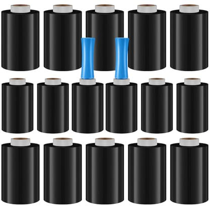 Jutom 16 Pcs Mini Stretch Film Industrial Shrink Wrap Roll Plastic Film for Moving 2 Handles 5" x 1000 ft Pallet Wrap Packaging Self Adhering Shipping for Moving Furniture Packing (Black,Blue) - color: Black