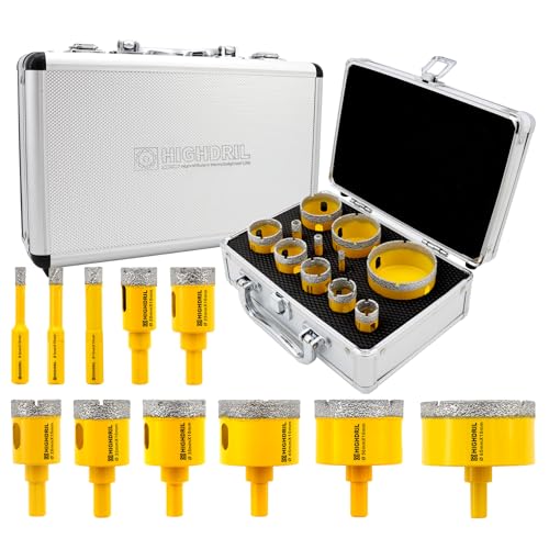 HIGHDRIL 11Pcs Diamond Hole Saw Kit - 1/4", 5/16", 3/8", 4/5", 1", 1-1/8", 1-1/4", 1-3/8", 1-3/4", 2", 2-1/2" Drill Bits for Tile Porcelain Ceramic Granite Marble - size: Shank Set1