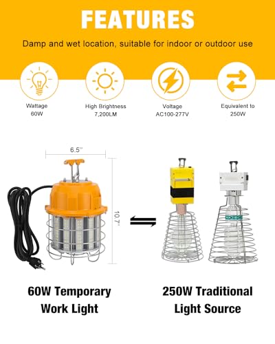 LED Temporary Work Light 60W 7200LM 5000K LED Construction Lights - size: 60W with 10FT Cord