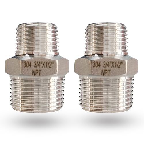 304 Stainless Steel Hex Nipple Reducer, 3/4" x 1/2" NPT Male Threaded Reducing Nipple Pipe Fitting Adapter, 2000psi Heavy Duty Reducer Straight Connector (3/4"- 1/2")