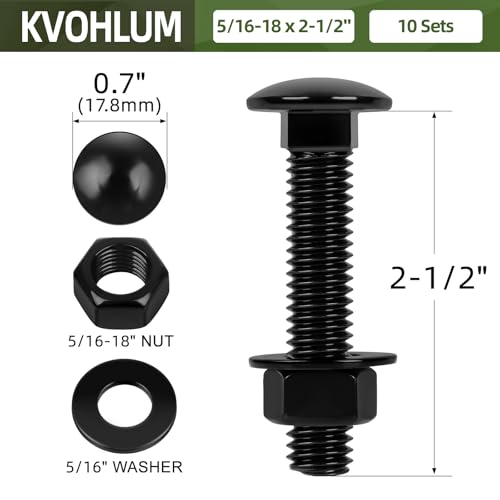 10 Sets 5/16-18 x 2-1/2" Carriage Bolt Kit, Round Head Square Neck, Black Carriage Bolts and Hex Nuts Set with Flat Washers - size: 5/16-18 x 2-1/2"
