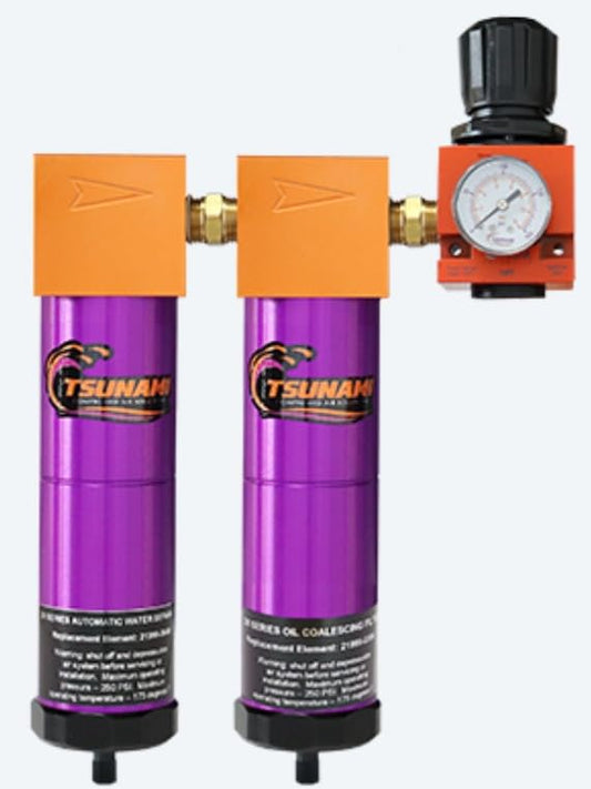 20 CFM, Tsunami 1/4" NPT Industrial Combination Water Separator Particulate Filter, Coalescing Oil Removing Filter & Air Pressure Regulator - size: 20 CFM, 1/4 in, style: 2-Stage Filters + Regulator