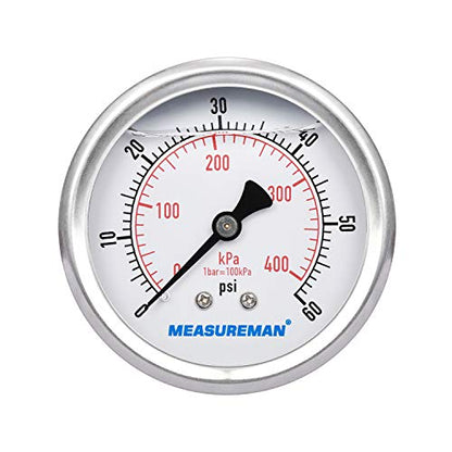 MEASUREMAN 2-1/2inch Dial Size, Liquid Filled Pressure Gauge, 0-60psi/400kpa, 304 Stainless Steel Case, 1/4inchNPT Back Mount - size: 0-60 psi, style: Back Mount