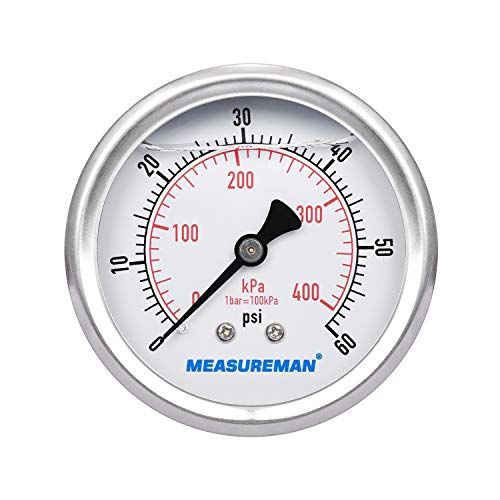MEASUREMAN 2-1/2inch Dial Size, Liquid Filled Pressure Gauge, 0-60psi/400kpa, 304 Stainless Steel Case, 1/4inchNPT Back Mount - size: 0-60 psi, style: Back Mount