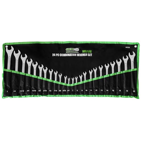 Grip 24 pc Raised Panel Combination Wrench Set MM/SAE - 12 point - Metric 7mm to 22mm - SAE 1/4” to 1" - Roll-up Storage Pouch - Household, Garage, Auto Repairs, Cars, Trucks, Boat