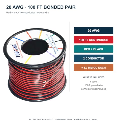 TUOFENG 20 AWG Red Black Wire, 100 ft Stranded Hookup Wire for LED 12V DC - size: 20 awg 2 parallel lines 100ft