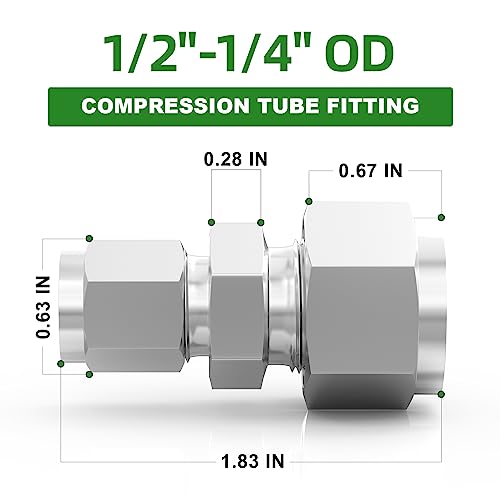 TAISHER 2PCS 304 Stainless Steel Compression Tube Pipe Fitting Connector, 1/2" Tube OD x 1/4" Tube OD Straight Adapter - size: 1/2" OD x 1/4" OD