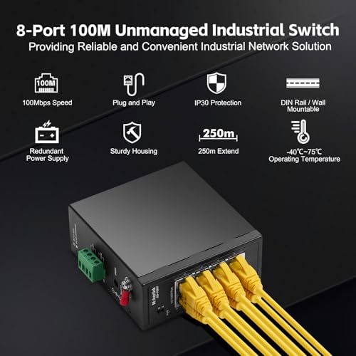 MokerLink 8 Port Industrial Din Rail Switch, 8 x 10/100Mbps Ethernet Ports, Extend 250M, Metal DIN-Rail & Wall Mount Included