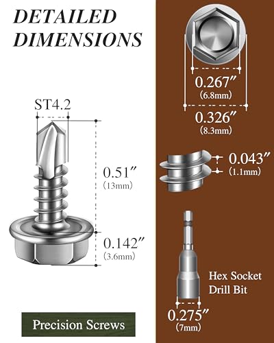 100PCS #8 x 1/2" Self Drilling Screws, Self Tapping Screws for Metal, 410 Stainless Steel Hex Washer Head Sheet Metal Screw, Bright Finish with 7mm Hex Socket - color: Silver, size: #8 x 1/2"