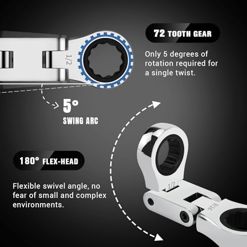 LOSCHEN 5-Piece Flex-Head Stubby Ratcheting Combination Wrench Set, Mini Double Box End, SAE 1/4 3/8 5/16 7/16 1/2 9/16 11/16 5/8 3/4 13/16, 72-Teeth, CR-V Steel - size: SAE