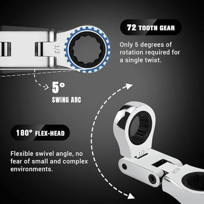 LOSCHEN 5-Piece Flex-Head Stubby Ratcheting Combination Wrench Set, Mini Double Box End, SAE 1/4 3/8 5/16 7/16 1/2 9/16 11/16 5/8 3/4 13/16, 72-Teeth, CR-V Steel - size: SAE