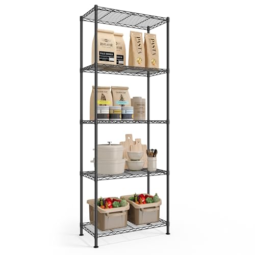 SONGMICS 5-Tier Storage Shelves, Adjustable Wire Shelving Unit, 8 Hooks - color: Ink Black, size: 5 Tiers (11.8"D x 23.6"W)