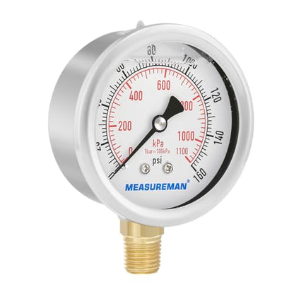 MEASUREMAN 2-1/2inch Dial Size, Oil Filled Pressure Gauge, 0-160psi/kpa, 304 Stainless Steel Case, 1/4inchNPT Lower Mount - size: 0-160 psi, style: Lower Mount