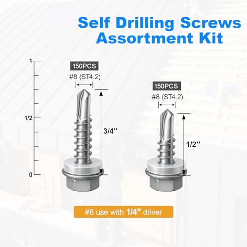 300Pcs Self Tapping Screws Assortment Kit #8 1/2" 3/4" - size: Assorted #8 x 1/2", #8 x 3/4", style: 300