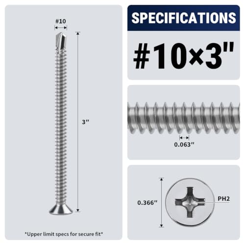 #10 x 3 Phillips Flat Head Sheet Metal Screws, Stainless Steel 410 Self Drilling Screws for Metal, Countersunk Head, Phillips Drive, Self Tapping, 50 Pack - size: #10 x 3"