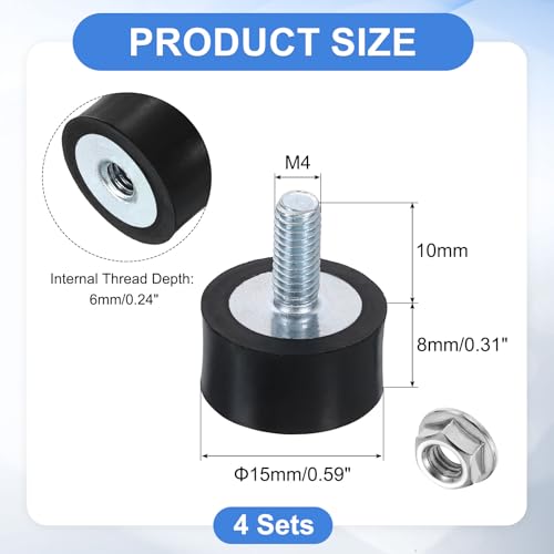 uxcell M4 Rubber Mounts, 4Pcs 15x8mm(DxH) Rubber Cylindrical Anti Vibration Isolator Shock Absorber with Lock Nut for Car Bobbin Generator Air Compressors - size: M4x10mm, 15x8mm Rubber