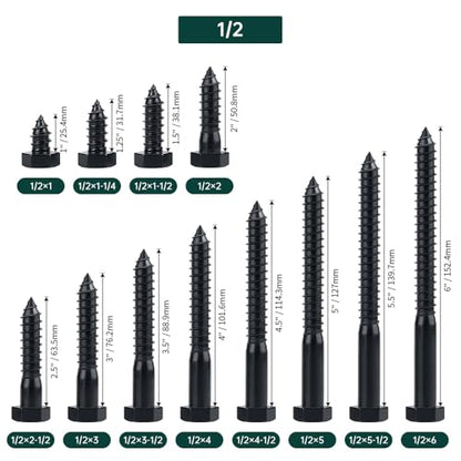 1/2 x 2 Black Hex Head Lag Screws Bolts (8 pcs), 304 Stainless Steel 18/8, Black Oxide Coated, Partial Thread, Deck Screws, Heavy Duty Hex Head Wood Lag Screws, Fayeploo - size: 1/2 x 2"