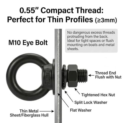 6 Pack M10 x 1" T316 Stainless Steel Eye Bolts with Nuts, Black Shouldered Lifting Eye Bolt Kit with Lock Washers (Approx 3/8" Thread Diameter), Heavy Duty Tie Down Anchor for Thick Wood - size: M10 x 1''