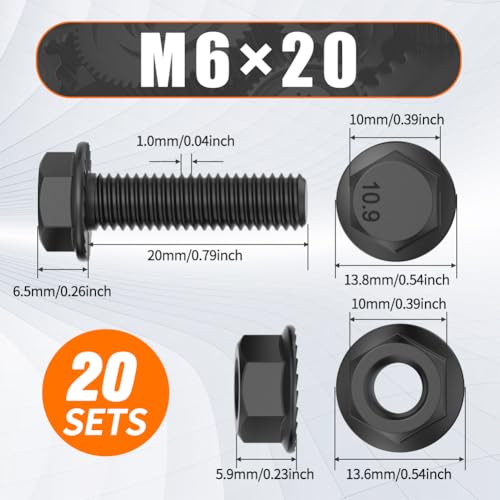 M6x20mm Flange Hex Bolts and Nuts Kit Grade 10.9 Metric Screws 20Pack Black - size: M6×20