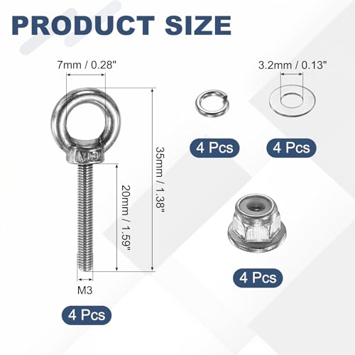 PATIKIL M3 x 20mm Shoulder Eye Bolt, 4 Pcs 304 Stainless Steel Lifting Ring Threaded Eye Bolt with Flange Lock Nuts Spring and Flat Washers for Hanging Tie Down Straps Outdoor Indoor - size: M3 x 20mm