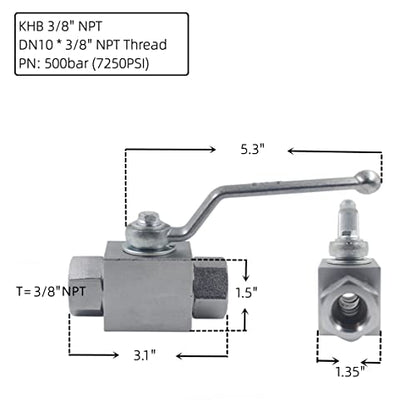 High Pressure Hydraulic Valve KHB 3/8'' NPT, Shut-Off 2 Way Ball Valve, Hydraulic Ball Valve 7250 PSI - size: KHB 3/8NPT(2 Way)