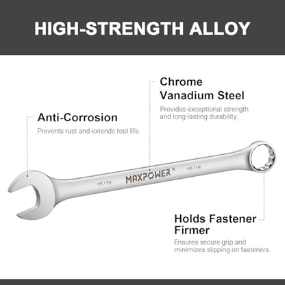 MAXPOWER 15/16" Combination Wrench, Industrial Grade – 12-Point Box End, Chrome Vanadium Steel, Off-Corner Design, 15° Offset - SAE - size: 15/16 Inch