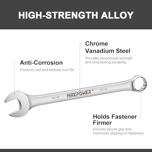 MAXPOWER 15/16" Combination Wrench, Industrial Grade – 12-Point Box End, Chrome Vanadium Steel, Off-Corner Design, 15° Offset - SAE - size: 15/16 Inch