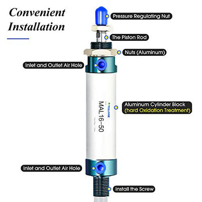 TAILONZ PNEUMATIC 16mm Bore 50mm Stroke Air Cylinder Double Action with Y Connector and 2Pcs 6mm Fitting MAL16x50 - size: 16mm Bore 50mm Stroke