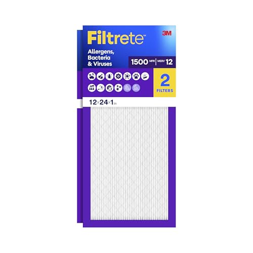 Filtrete 12x24x1 Air Filter, MERV 12, MPR 1500, Allergens, Bacteria & Viruses, 3-Month AC and Furnace Filters, Cleaner Air, Reliable Airflow, 2 HVAC Filters (Actual Size 11.68 x 23.68 x 0.78 in) - size: 12x24x1