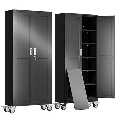 erosoei 75" H Metal Garage Storage Cabinet, Rolling Tool Cabinet with 2 Doors and Wheels, Locker Steel Cabinet with 5 Adjustable Shelves, Organization Cabinet for Garage,Office,Home,Gym,School（Black）