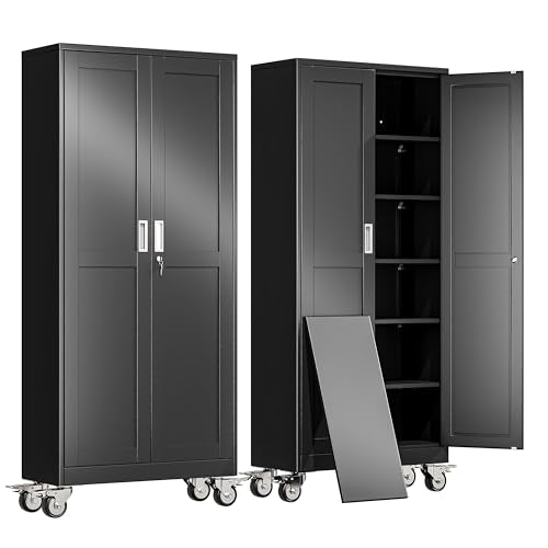 erosoei 75" H Metal Garage Storage Cabinet, Rolling Tool Cabinet with 2 Doors and Wheels, Locker Steel Cabinet with 5 Adjustable Shelves, Organization Cabinet for Garage,Office,Home,Gym,School（Black）