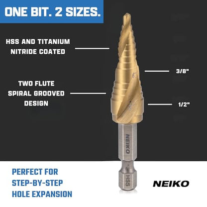 NEIKO 10617A Step Drill Bit, 2 Steps 3/8" to 1/2" Spiral High Speed Steel, Titanium Nitride Coated, 1/4" Quick Change Step Bits for Steel, Metal, Wood, Plastic, Unibit Cone Drill Bits, Two Flute - size: #6 (3/8 - 1/2", 2S), style: Spiral