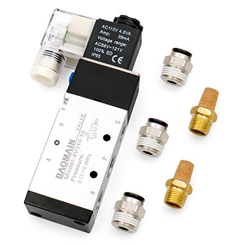 Baomain Pneumatic Solenoid Valve 4V310-10 AC 110V PT 3/8" 2 Position 5 Way Single Coil Pilot-Operated Electric Control with 3 Fitting and 2 muffler (AC 110V) - style: AC 110V
