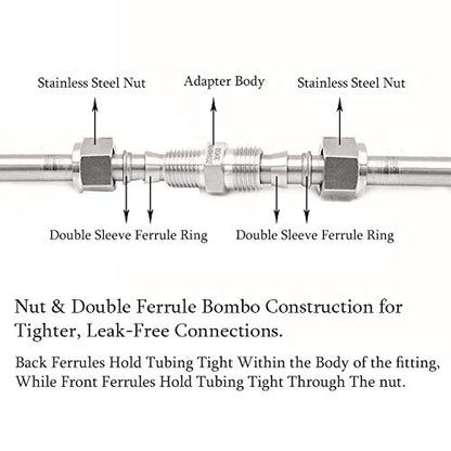 Beduan 304 Stainless Steel Compression Tube Fitting, 3/8" x 3/8" Tube OD, Straight Connect, Double-Ferrule Adapter - size: 3/8 Inch