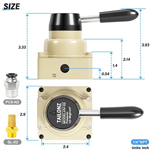 TAILONZ Rotary Lever Hand Valve HV-02 1/4"NPT 3 Position 4 Way - size: 1/4" NPT