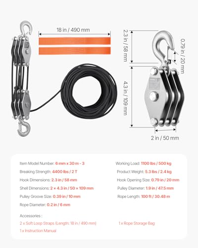 VEVOR 4400 lbs Breaking Strength 100 FT Rope Pulley Hoist, 5:1 Lifting Power Heavy Duty Pulley System with 2pcs Soft Loops, Metal Wheels Bearing Structure, Block and Tackle for Lifting Heavy Objects - size: 0.23" x 100'