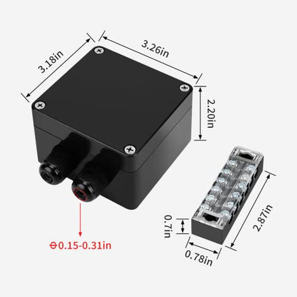 ABS IP67 Waterproof Dustproof Electrical Junction Box, with 15A 600V Barrier Terminal Cable Connector, 1 in/2 Out Power Junction Box（3.26 * 3.18 * 2.2in） - size: 1T2 3.26" x 3.18" x 2.2"