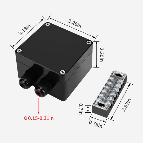 JINDOUZI ABS IP67 Waterproof Dustproof Electrical Junction Box, with 15A 600V Barrier Terminal Cable Connector, 2 in/2 Out Power Junction Box（3.26 * 3.18 * 2.2in） - size: 2T2 3.26" x 3.18" x 2.2"