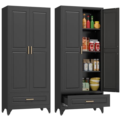 Polup 75" Metal Storage Cabinet, Tall Kitchen Pantry Cabinet with 1 Drawer - color: Black, size: 75"H - 1 Drawer