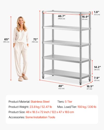 VEVOR Stainless Steel Shelving 48x18.5 Inch 5 Tier Adjustable Shelf Storage Unit Stainless Steel Heavy Duty Shelving for Kitchen Commercial Office Garage Storage 330lb Per Shelf - size: 5Tier 48x18.5x72", style: 5Tier 48x18.5x72"