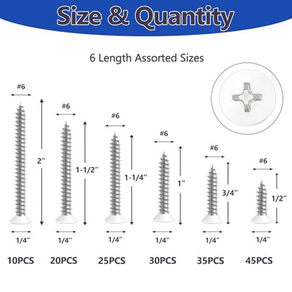 165PCS #6 White Head Screws for 2.8mm-3.0mm Holes, White Wood Screw Assortment Kit – 6 Sizes (2” to 1/2”) 304 Stainless Steel for Shutters, Shelf, Wall Plate, Shiplap
