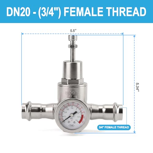 MEANLIN MEASURE 3/4" Press Fit Water Pressure Reducing Valve, DN20, 304 Stainless Steel Adjustable Pressure Regulator with 0-220 PSI Gauge, for Plumbing, Industrial Water Pipe System - size: 0.75 Inch