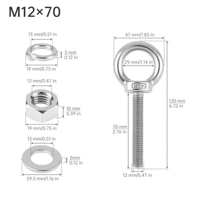 2 Pcs M12 Stainless Steel Eye Bolts with Nuts, 1/2" x 2.76" M12 x 70mm - size: M12x70mm (1/2"x2.76")