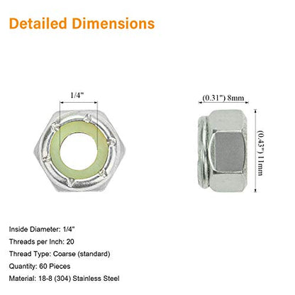 60 Pieces 1/4"-20 Nylon Insert Hex Lock Nuts, 304 Stainless Steel - size: 1/4-20 (60 pcs)