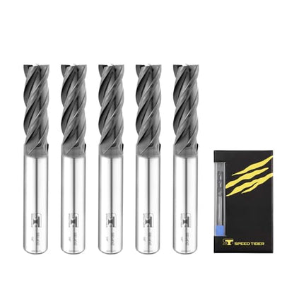 SPEED TIGER Micrograin Carbide Square End Mill - 4 Flute - ISE1/4 4T (5 Pieces, 1/4") - for Milling Alloy Steels, Hardened Steel, Metal & More – Mill Bits Sets for DIYers & Professionals - size: 1/4 in